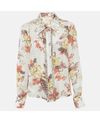 Women's Beige Floral Print Embellished Linen & Silk Matchmaker Shirt