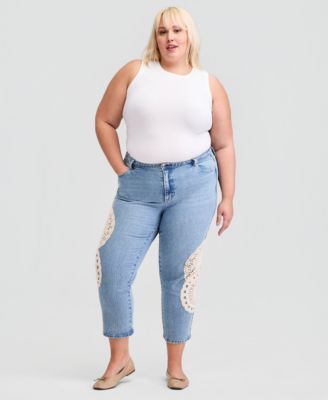 Trendy Plus Size Crochet-Trim High Rise Cropped Jeans