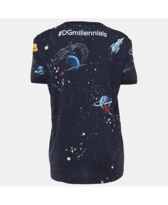 Women's Navy Blue Space Print Cotton Half Sleeve T-Shirt
