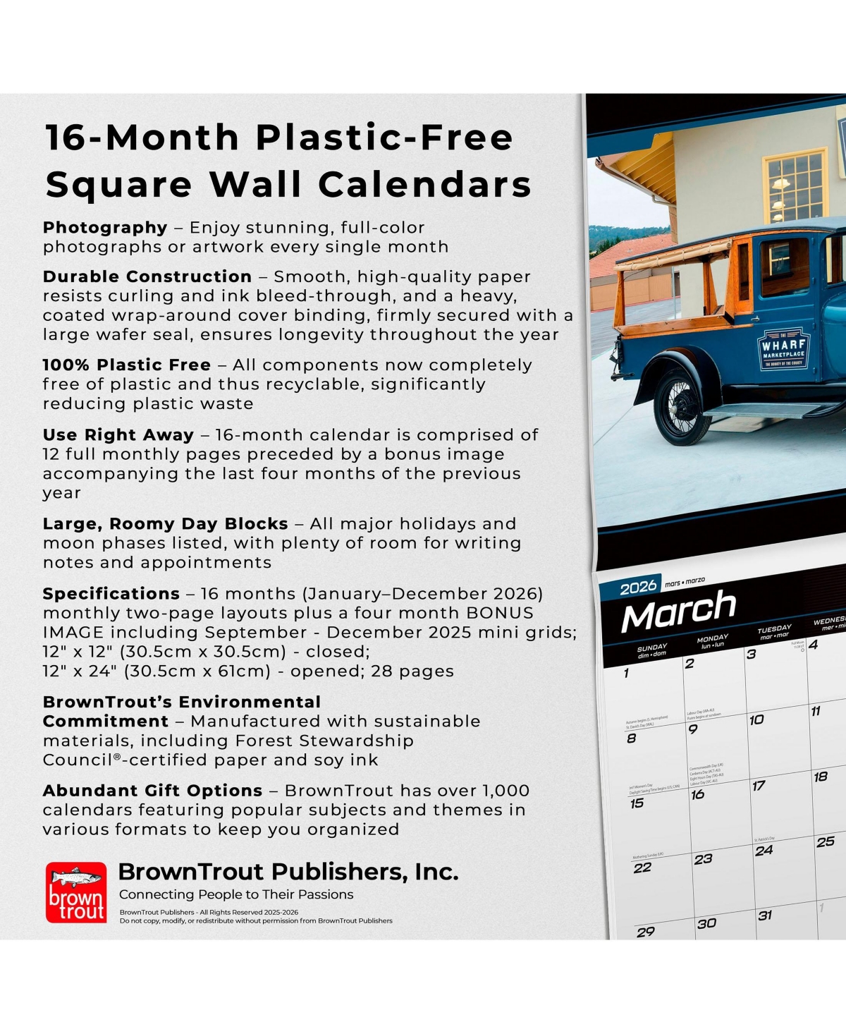 BrownTrout Classic Ford Pickups Official | 2026 12 x 24 Inch (Hanging) Monthly Square Wall Calendar | Foil Stamped Cover | Plastic-Free