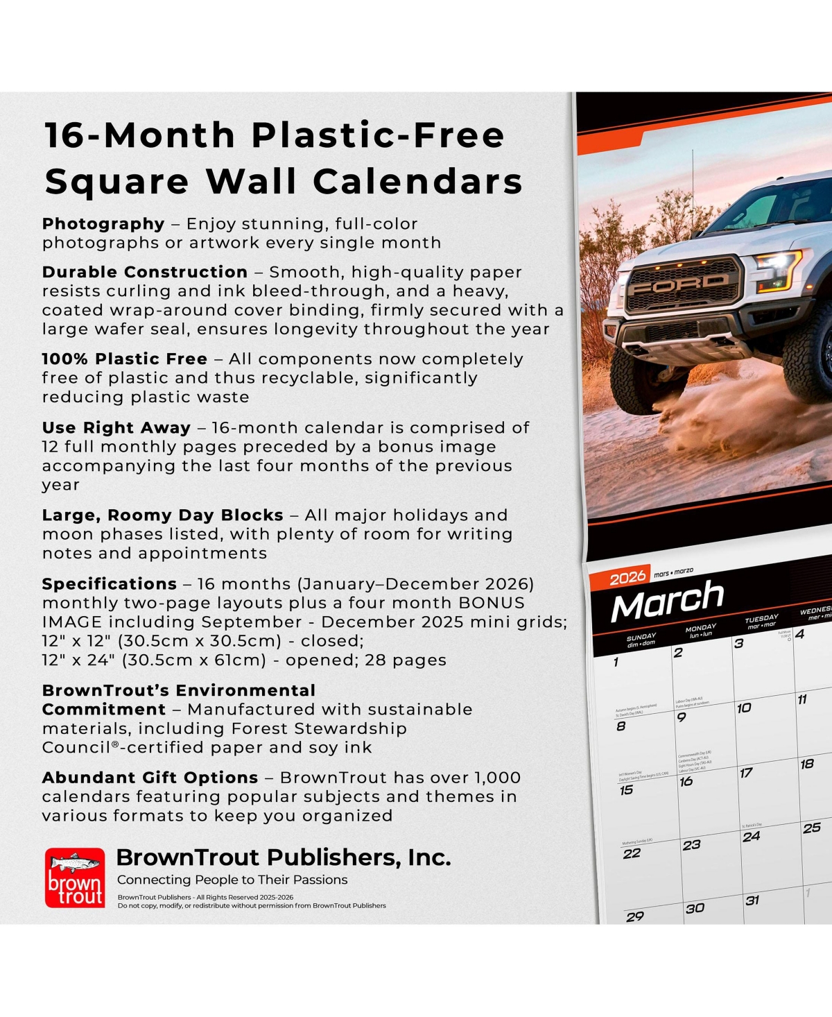 BrownTrout Ford F150 Trucks Official | 2026 12 x 24 Inch (Hanging) Monthly Square Wall Calendar | Plastic-Free