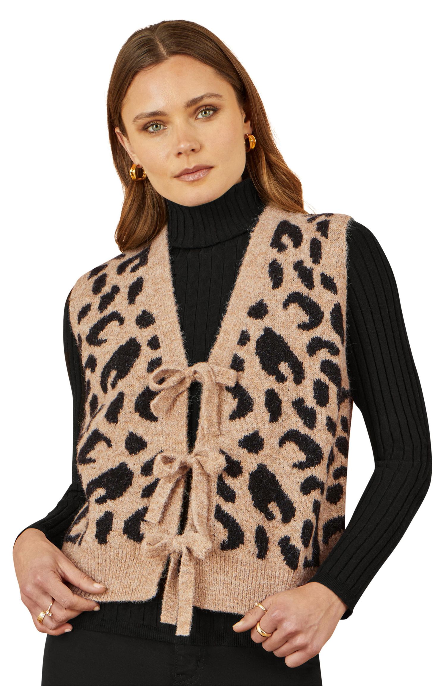 Women's Knitted Cheetah Print Tie Waistcoat
