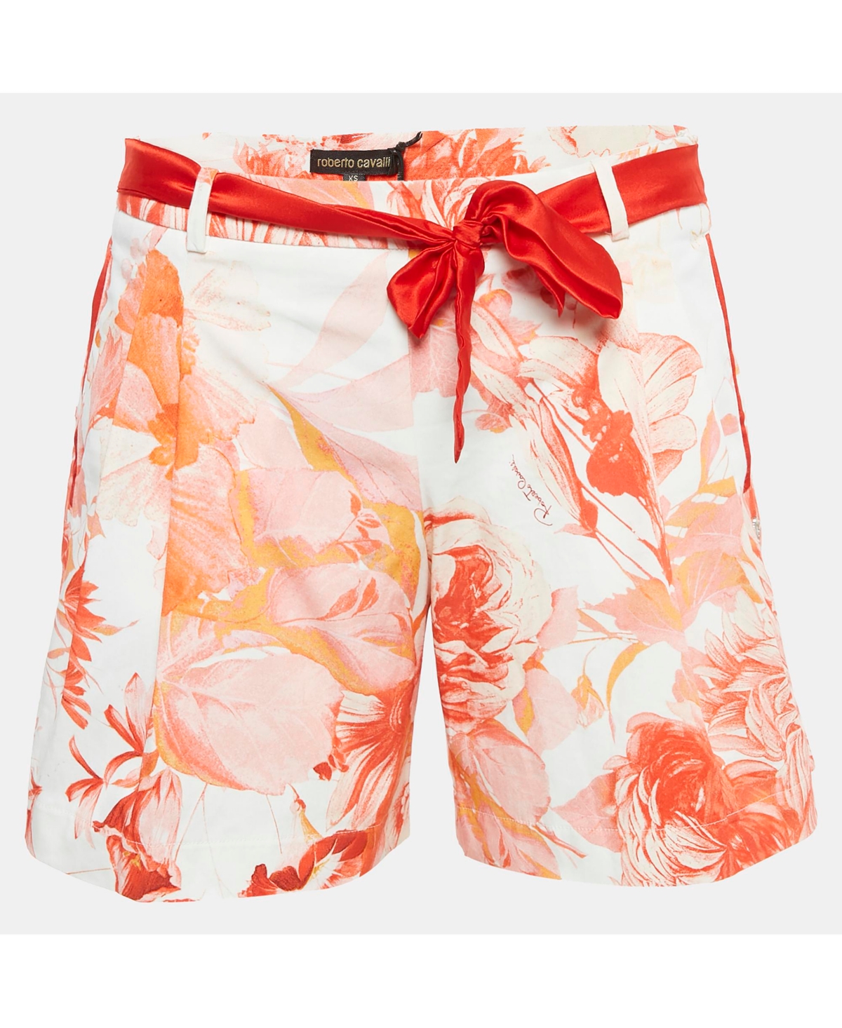 Pre-Owned Roberto Cavalli Women's White Floral Print Cotton Tie-Up Detail Shorts