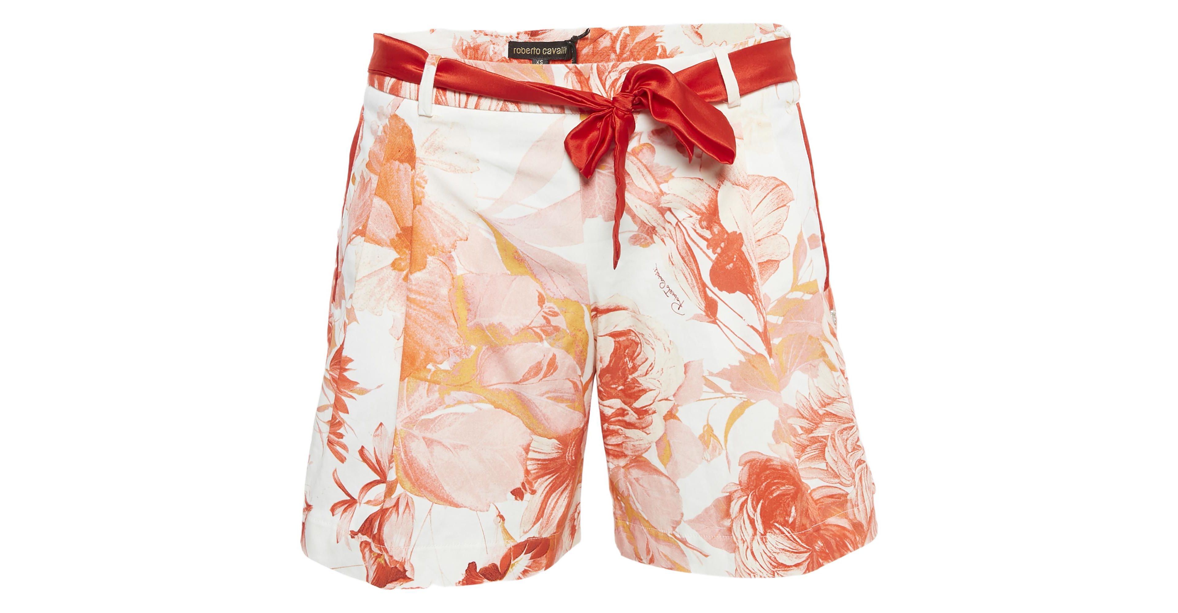 Pre-Owned Roberto Cavalli Women's White Floral Print Cotton Tie-Up Detail Shorts