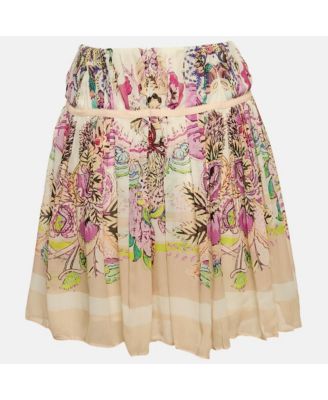 Women's Pink Floral Print Silk Pleated Mini Skirt