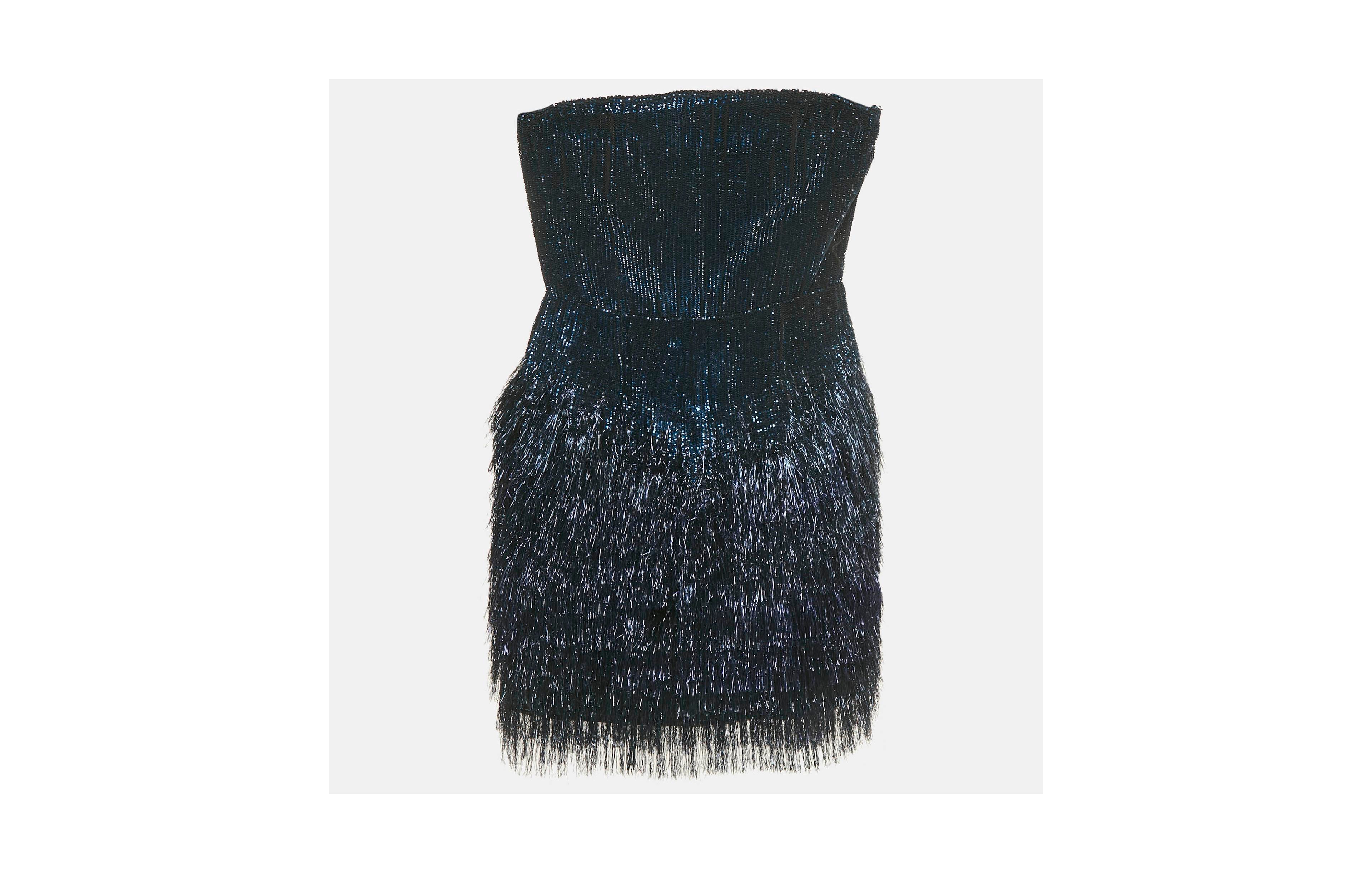 Pre-Owned Roberto Cavalli Women's Blue Sequin And Lurex Fringed Strapless Mini Dress
