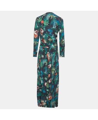 Women's Green Jungle Print Crepe Roumi Long Dress