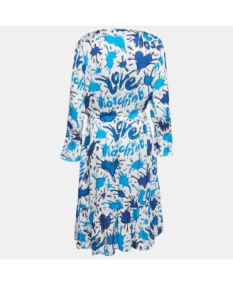 Women's Blue/white Paint Splashed Satin Midi Dress