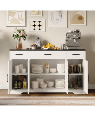 4 Doors Modern Farmhouse Buffet Cabinet with Storage, Kitchen Cabinet Drawer and Adjustable Shelf