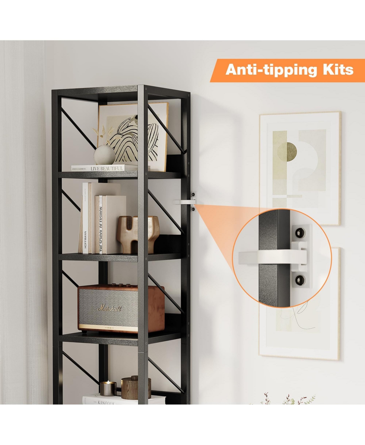 gaomon 6 Tier Narrow Bookcase Tall Skinny Bookshelf Rustic Corner Shelf Small Bookshelves Industrial Bookcase for Bedroom, Living Room, Home Office