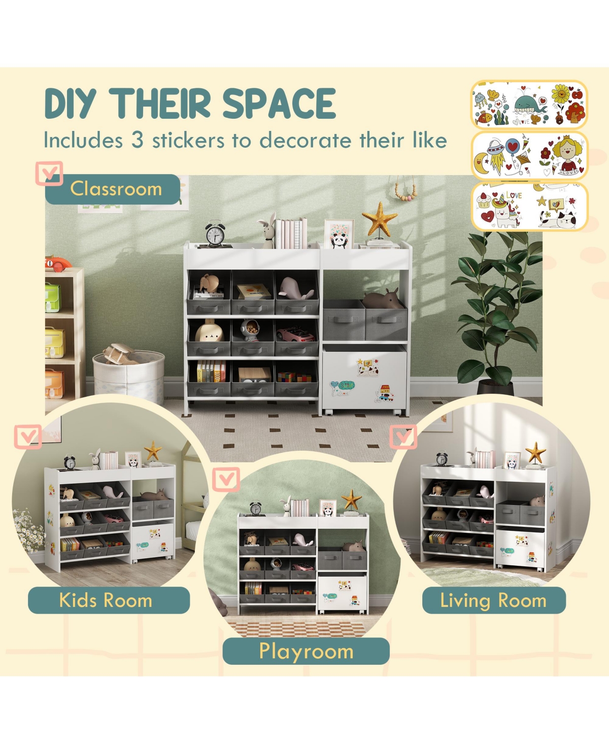 Qaba Toy Storage Organizer with 11 Fabric Bins, Moveable Cabinet