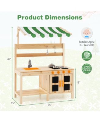 Outdoor Wooden Mud Kitchen Playset with Sink, Stove, and Canopy - Natural