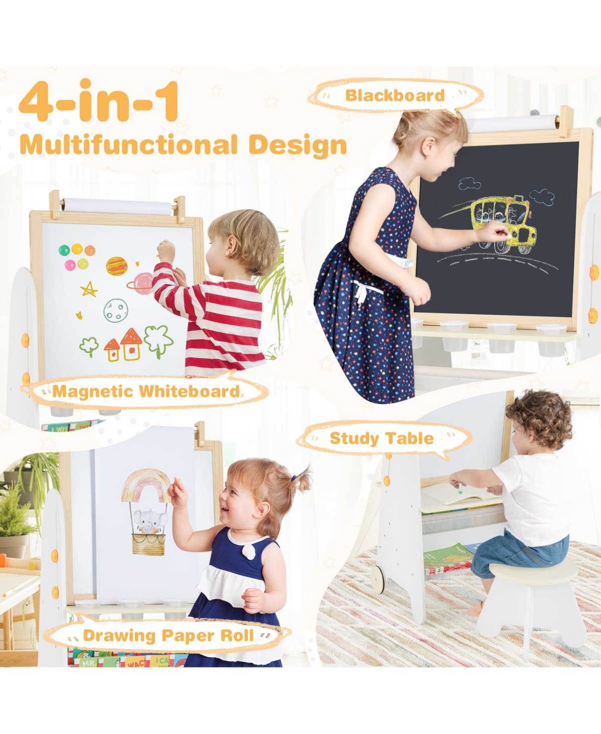 Hongge 4 In 1 Kids Art Easel With Adjustable Height Whiteboard Blackboard And Study Table