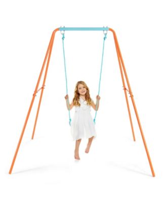 Outdoor Kids Swing Set with Heavy-Duty Metal A-Frame and Ground Stakes-Orange