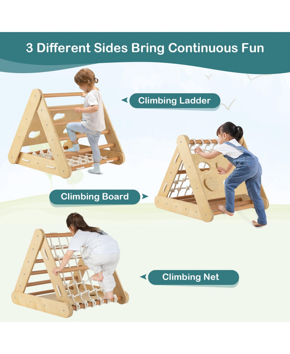 Skonyon 4 in 1 Triangle Climber Toy with Sliding Board and Climbing Net-Natural