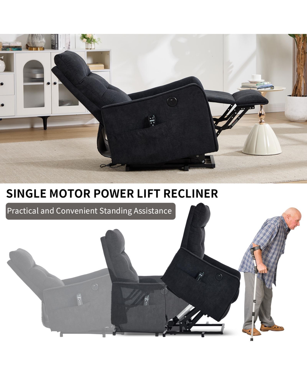 sumyeg Chenille Single Motor Power Lift Recliner Chair with Massage and Heavy Duty Motion Mechanism and One Usb for Charging