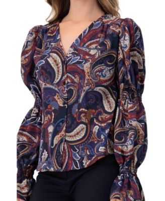 Women's V-Neck Printed Shirt With Smocked Sleeves
