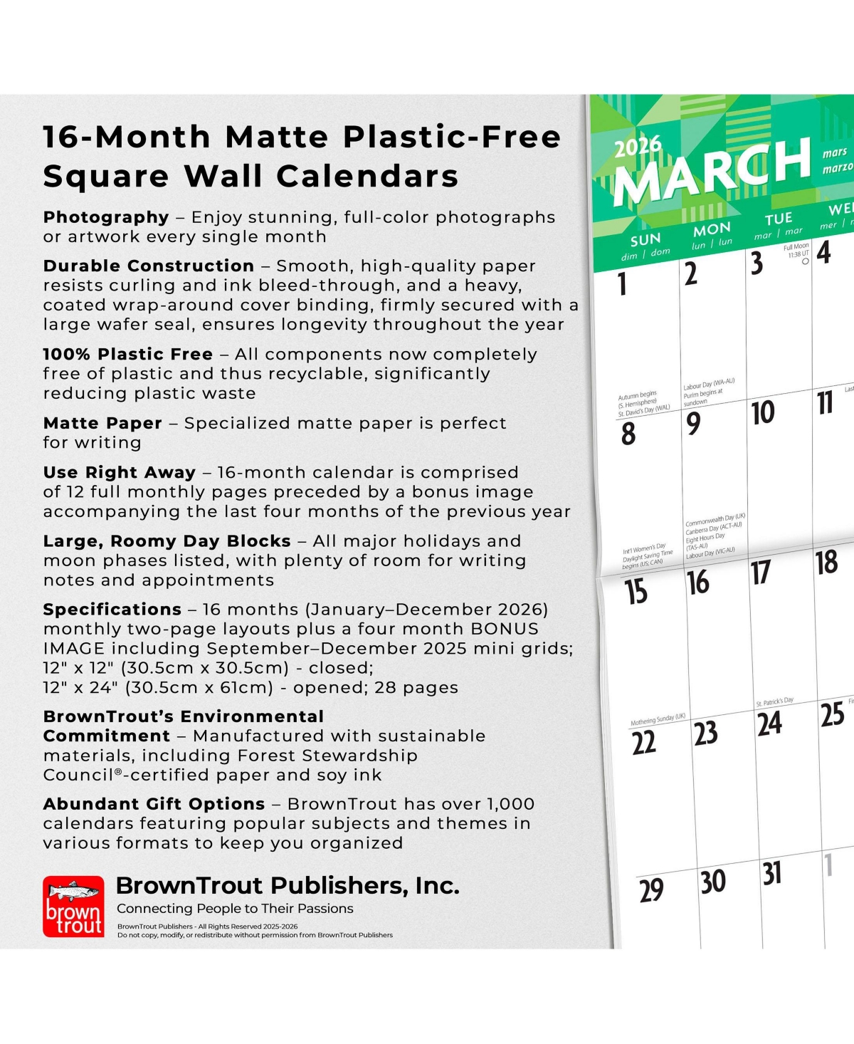 BrownTrout Large Print | 2026 12 x 24 Inch (Hanging) Monthly Square Wall Calendar | Matte Paper | Plastic-Free