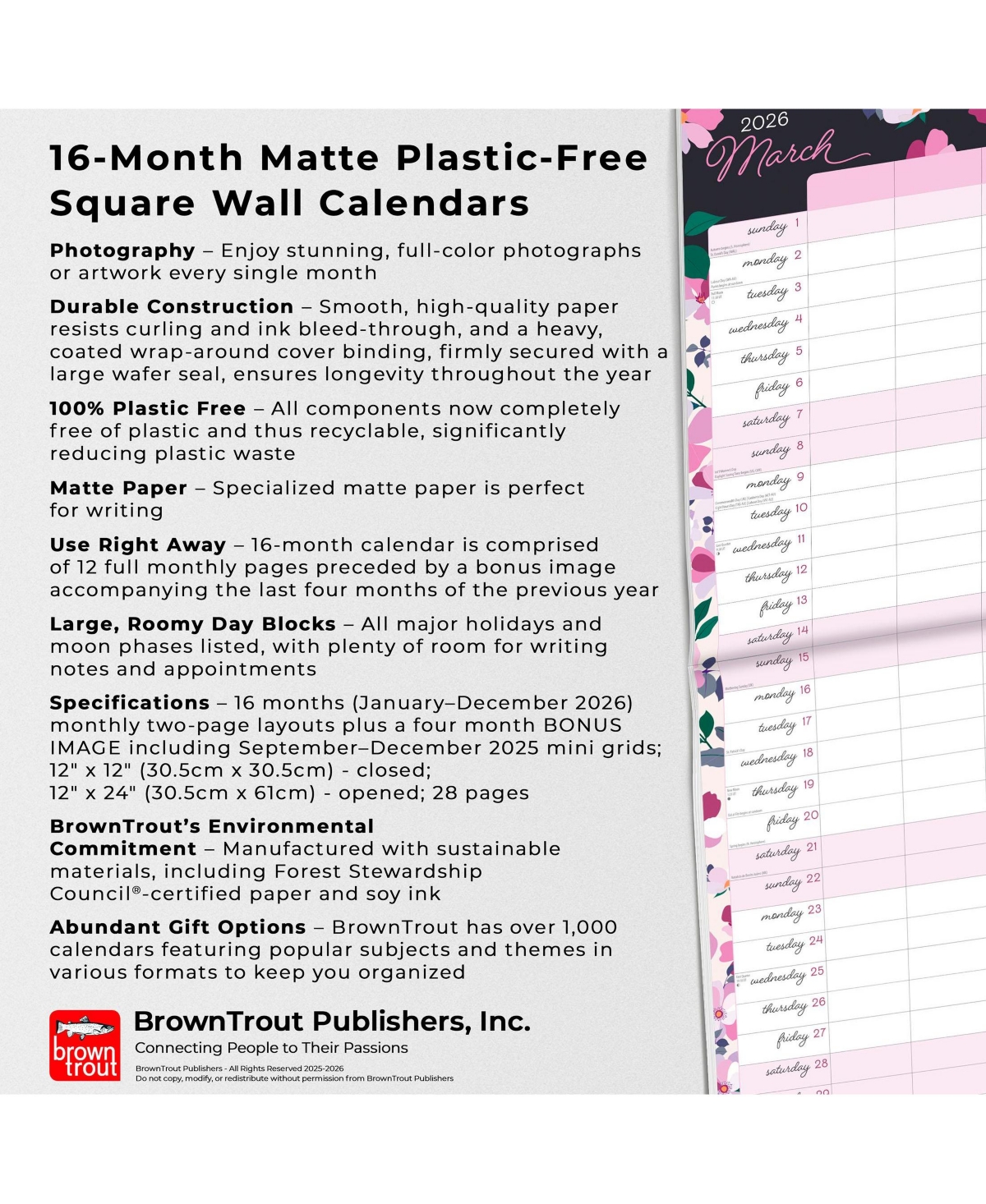 BrownTrout Mom's Family Planner | 2026 12 x 24 Inch (Hanging) Monthly Square Wall Calendar | Matte Paper and Sticker Sheet | Plastic-Free