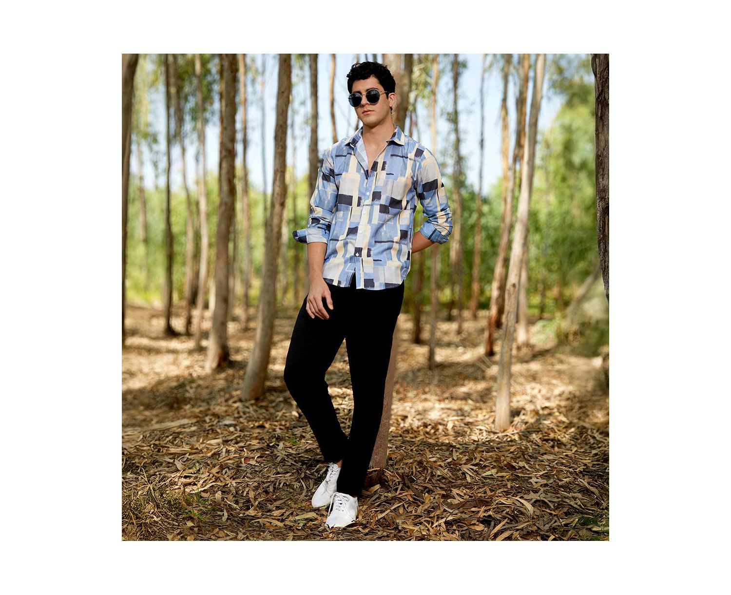 Men's Powder Blue & Pale Yellow Cubic-Overlap Shirt
