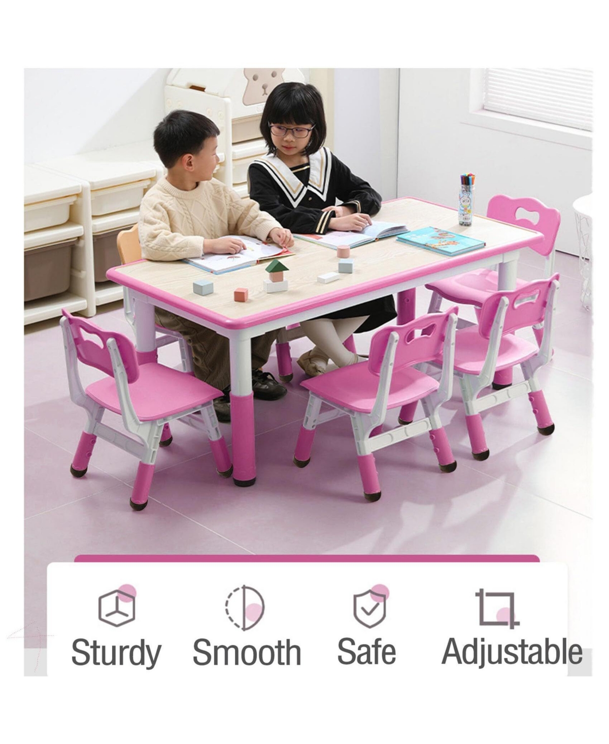 Gaomon Kids Table and Chairs, Height Adjustable Toddler Table and 6 Chair, Children Activity Table for Daycare, Classroom, Home