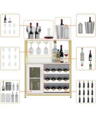 Wine Bar Cabinet with Drawer, Shelves, Glass Holder, and Mesh Door, Small Sideboard for Liquor and Glasses