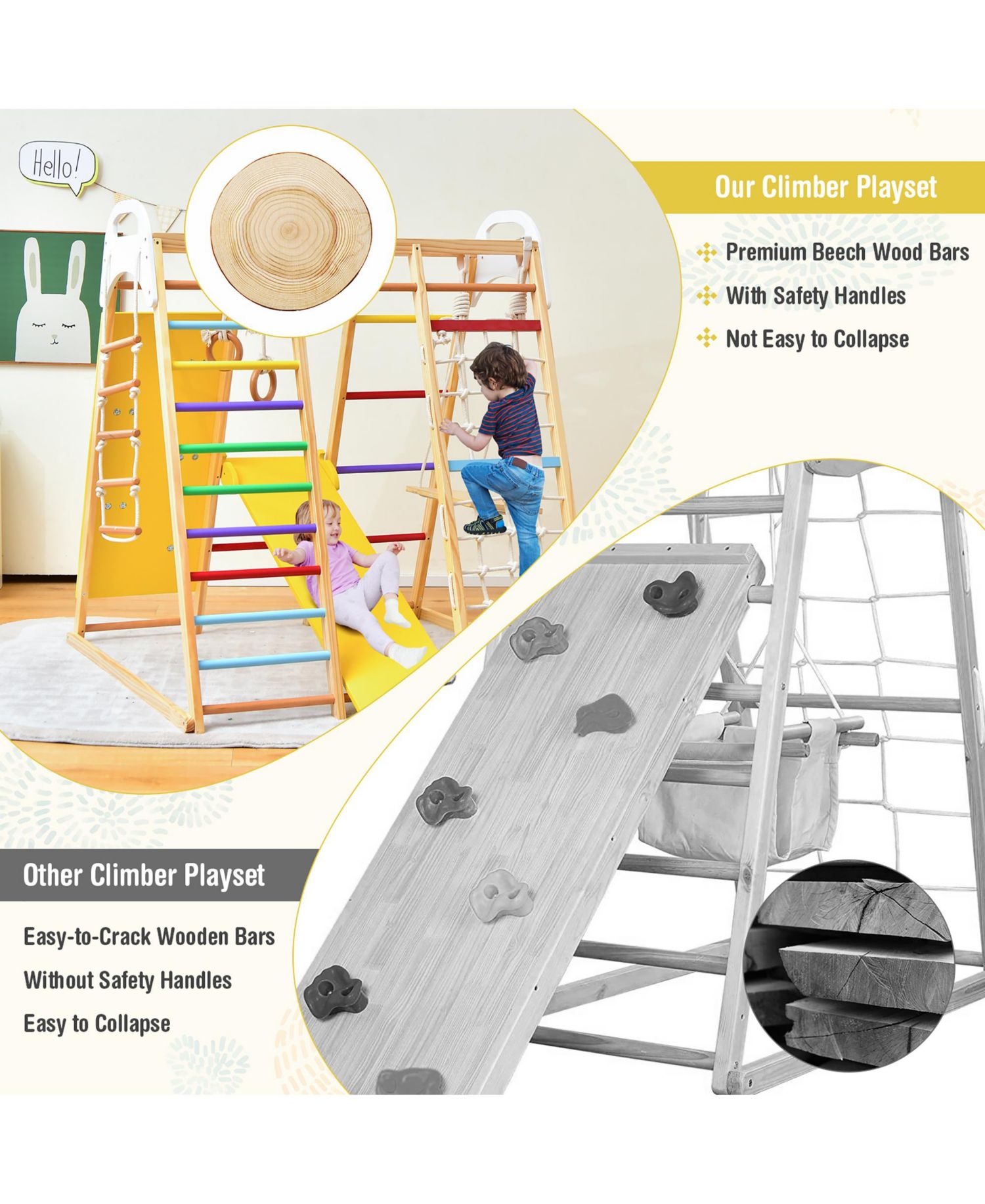 Ages 1+ 8-in-1 Wooden Indoor Jungle Gym Playset