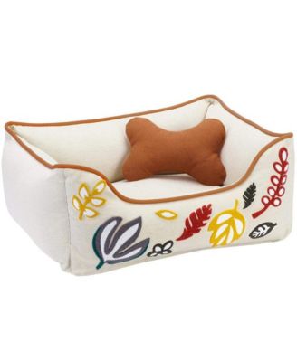 Plush Chenille-Embroidered Linen Dog Bed, Removable Washable Cover, with Squeaky Pillow with Baby Pink