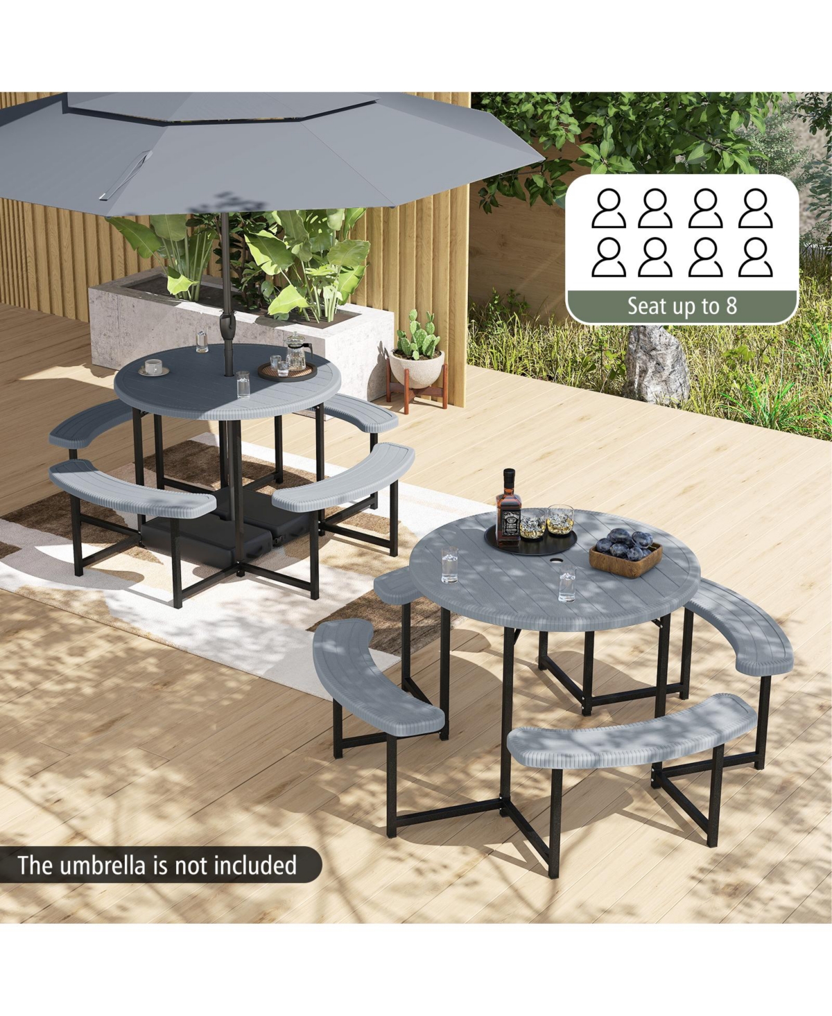 Slickblue Round Picnic Table Set with 4 Benches and Umbrella Hole