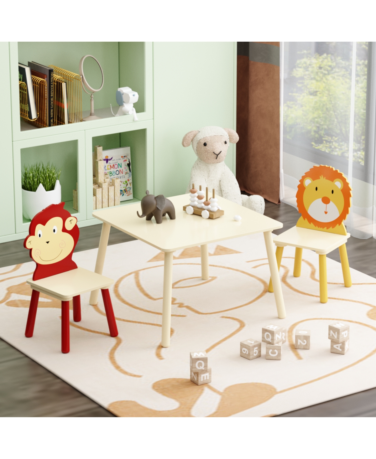 sumyeg 3-Piece Kids Table and Chair Set with Lion and Monkey Theme in Natural