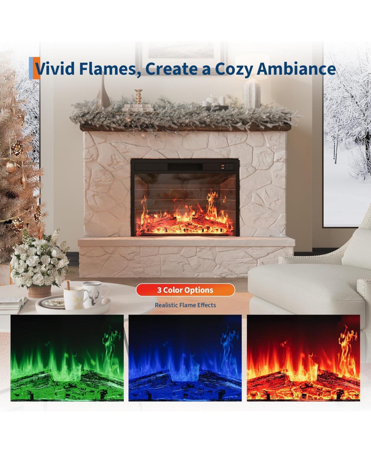 gaomon 23" Recessed & Wall Mounted Electric Fireplace, 12 Flame Colors, Timer, Remote Control, 750/1500W, Log & Crystal