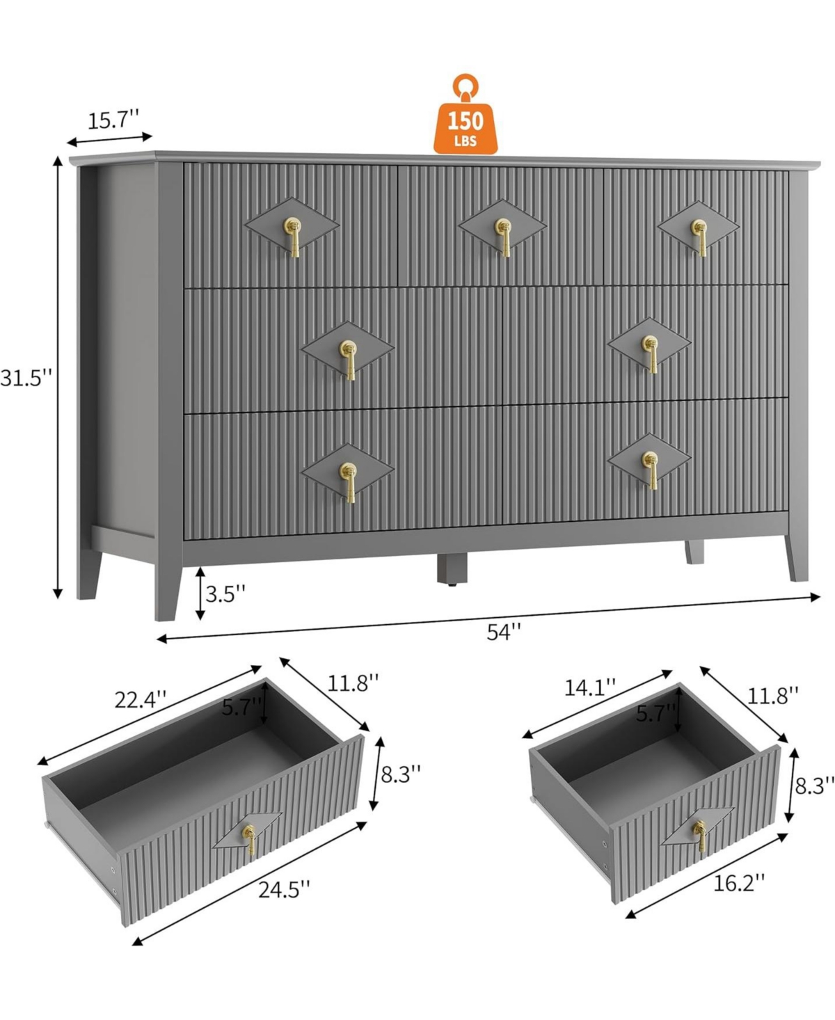 Gaomon Fluted Dresser 54" Wide, 7-Drawer Modern Wood Chest for Bedroom, Stylish Storage Organizer Cabinet