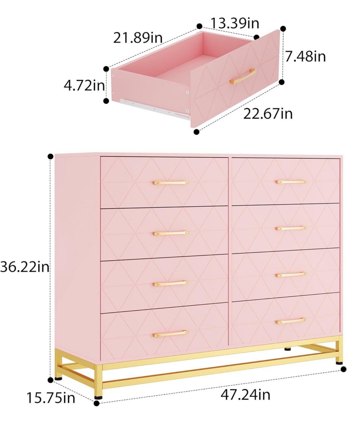 Pink 8-Drawer Dresser for Bedroom & Closet | Garvee Tall Chest with Soft-Close Glides, Anti-Tip Kit