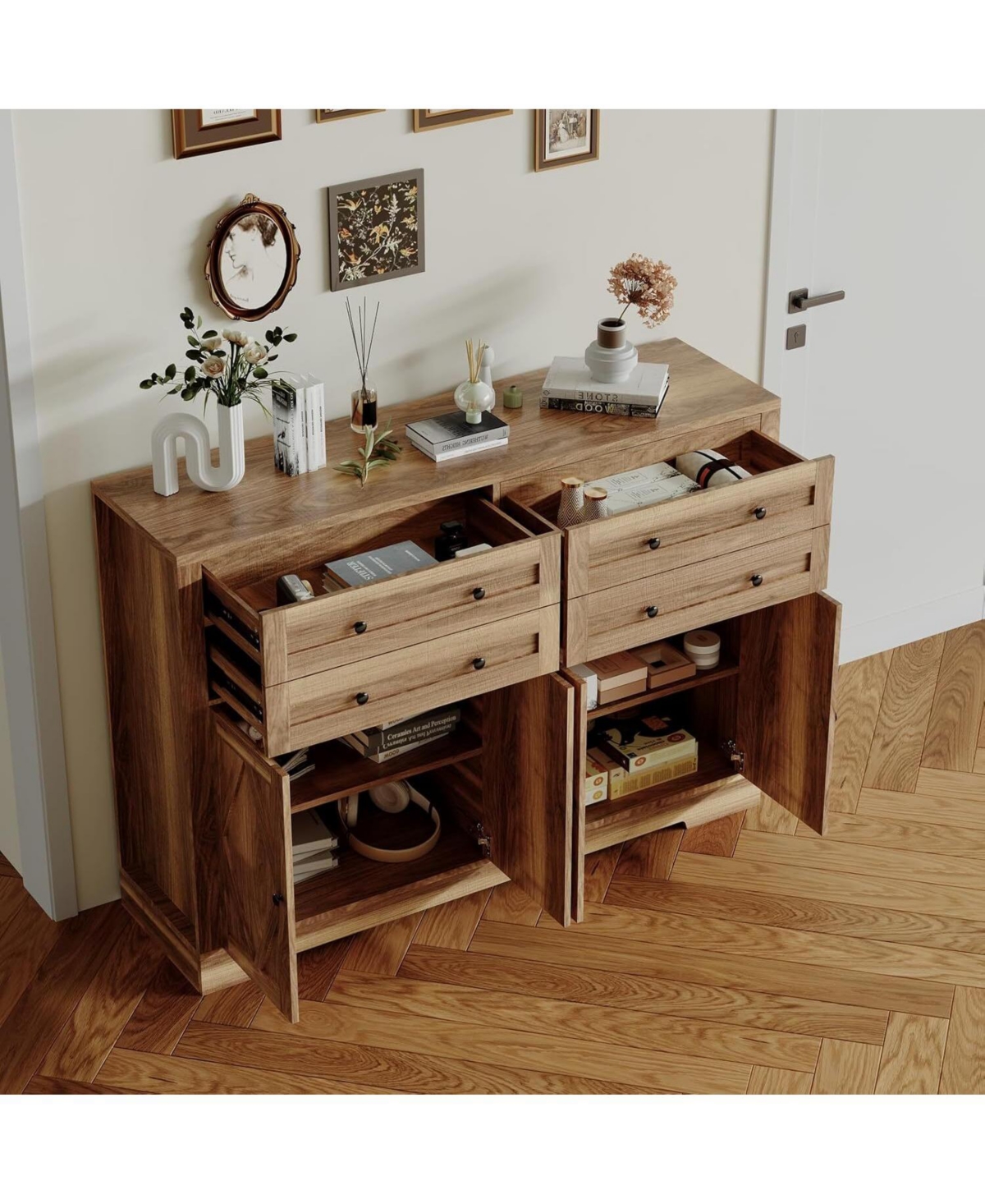 Gaomon Modern Farmhouse Buffet Cabinet with Storage, Wood Large Sideboard Storage 4 Doors & Drawers Coffee Bar.