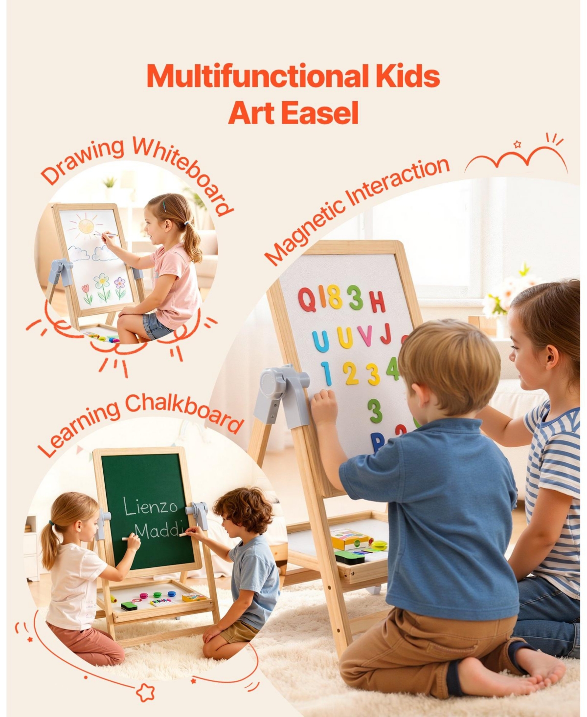Hongge Kids Wooden Art Easel 2-in-1 Double-Sided with Accessories