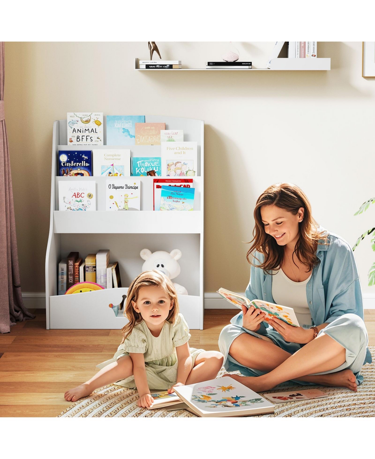 Gymax Kids Bookshelf 4-Tier Wooden Bookcase Toy Storage Organizer Montessori Bookshelf