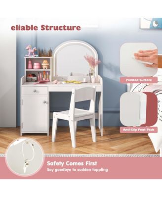 Kid Vanity Table Chair Set 2-Color LED Lights Large Drawer Shelf Cabinet