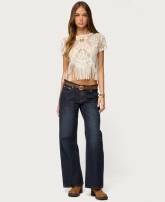 Women's Kira Sheer Lace Fringe Top