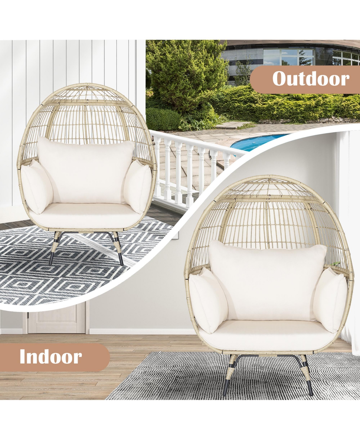 Costway Patio Oversized Rattan Egg Chair Lounge Basket with 4 Cushions for Indoor Outdoor