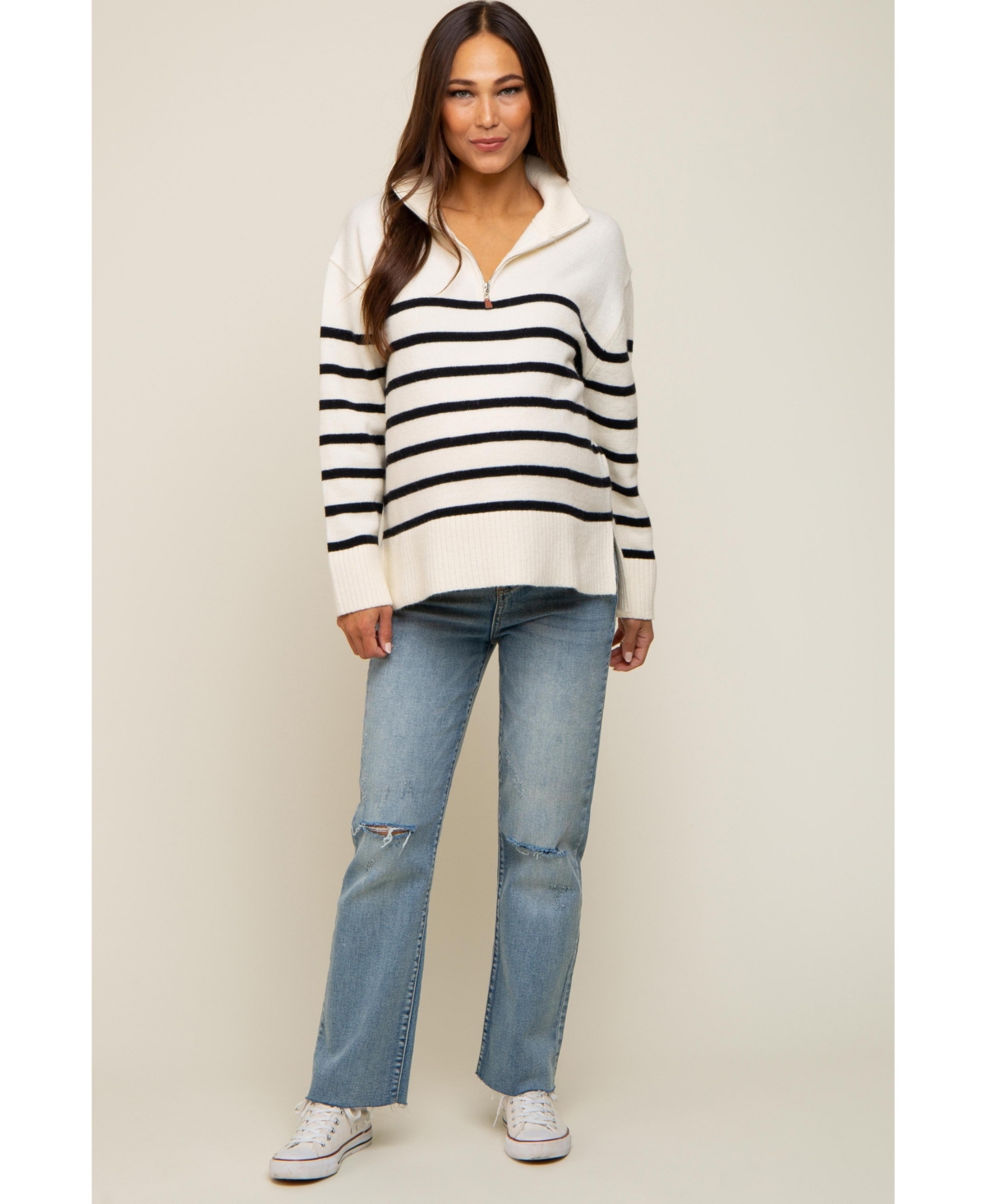 Pinkblush Maternity Ivory Striped Half Zip Sweater