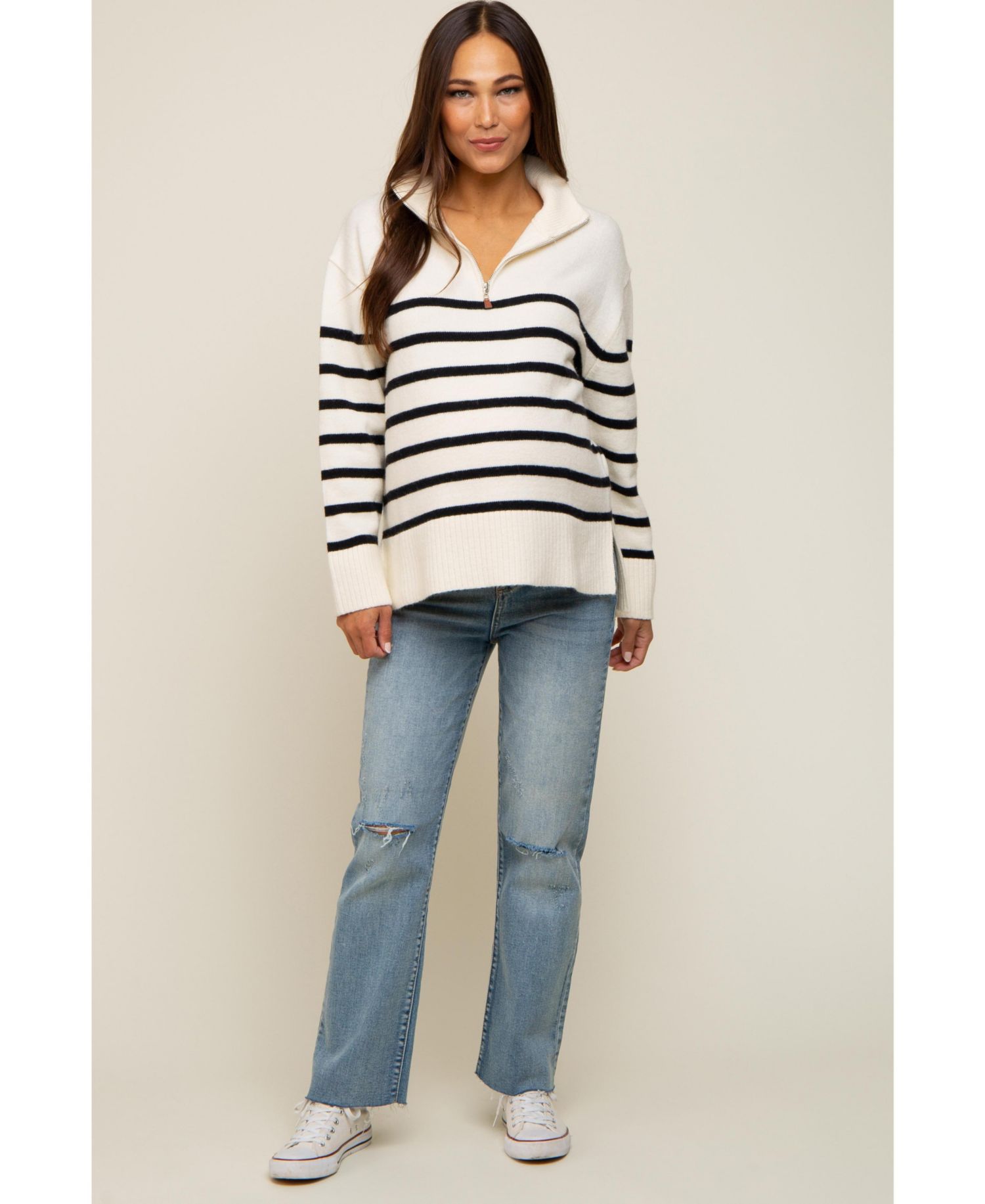 Women's Ivory Striped Half Zip Sweater