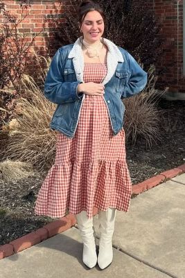 Maternity Rust Gingham Long Sleeve Midi Dress