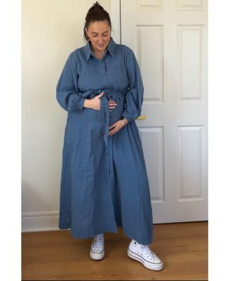 Maternity Blue Gauze Belted Shirt Midi Dress