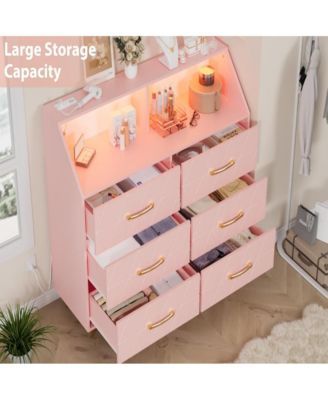 47 Inch 6 Drawer Dresser with LED Light Charging Station Storage Shelf Gold Legs Modern Drawer Cabinet for Bedroom Living Room