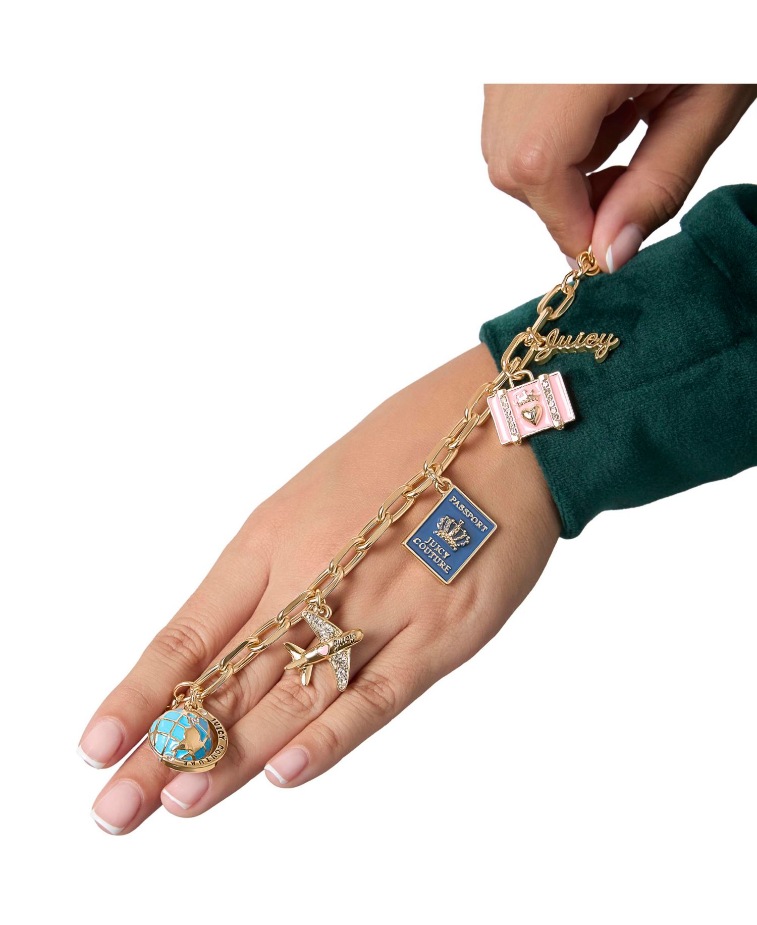 Travel Icons Charm Bracelet, Gold Tone with Blue and Pink Enamel