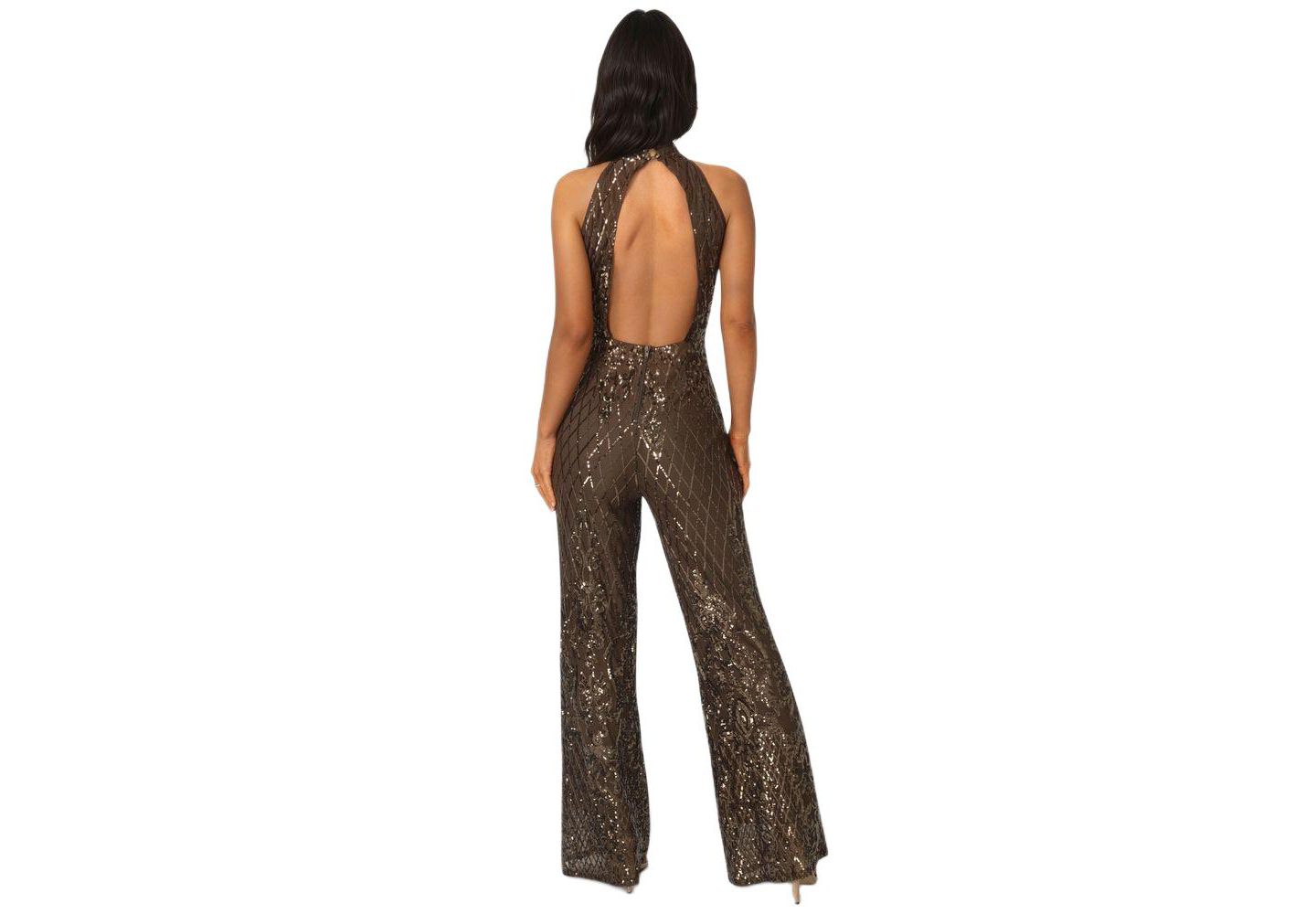 Женский комбинезон Bebe Sequins Halter Jumpsuit, цвет: Шоколадный — фото 2