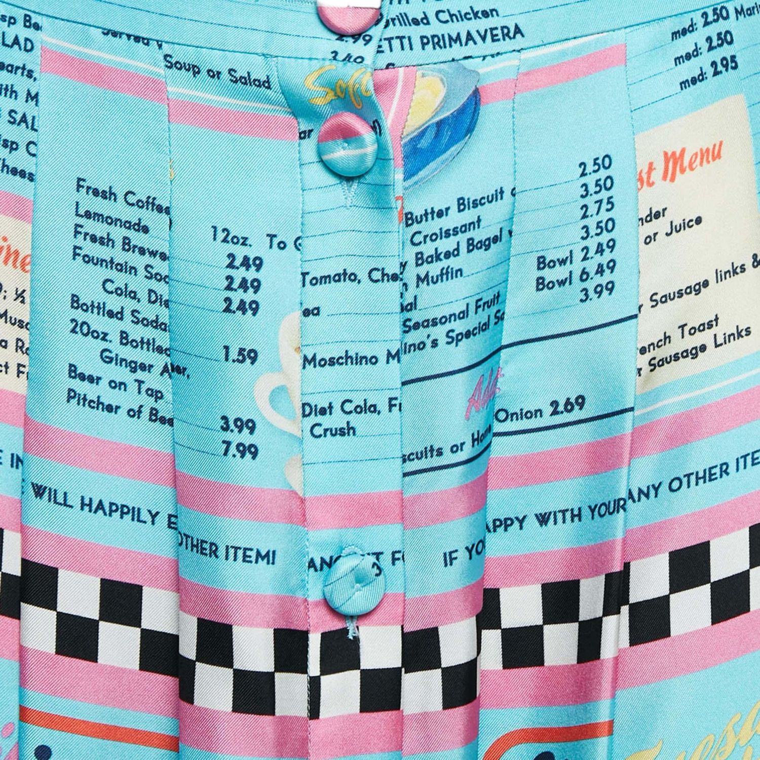 Women's Couture Blue Drive In Menu Print Silk Pleated Midi Skirt