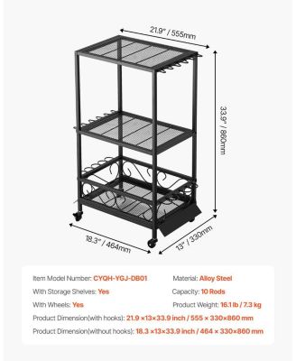 Fishing Rod Holder, 10-Rod Mobile Pole Rack Cart with Wheels for Garage or Home Fishing Gear Storage
