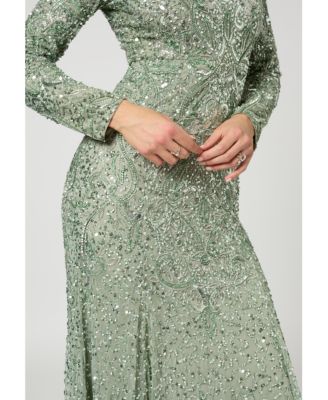 Women's Modest Embellished Sequin Beaded Maxi Trail Dress