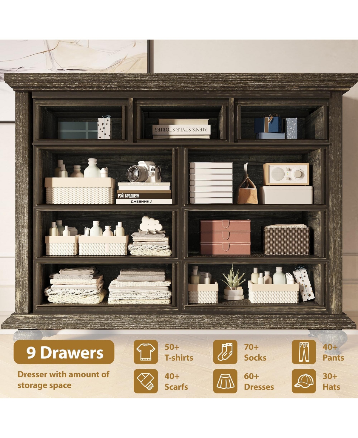 gaomon Dresser for Bedroom, Dressers & Chests of Drawers with 9 Wide Drawers, Tall Dresser with Ornately Carved Metal Handles